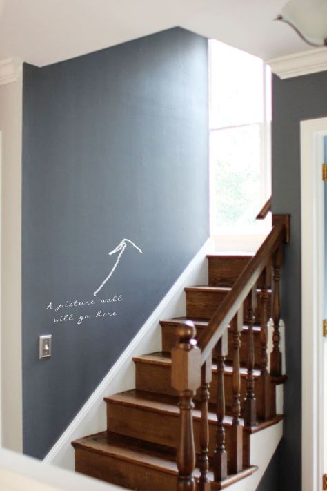 Entry in Ben Moore Trout Gray Stairwell Paint Colors, Mudroom Closets, Stairway Paint Colors, Staircase Wall Painting Ideas, Aesthetic Paint Colors, Gray Entryway, Canvas Painting Aesthetic, Painting Ideas For Walls, Aesthetic Paint