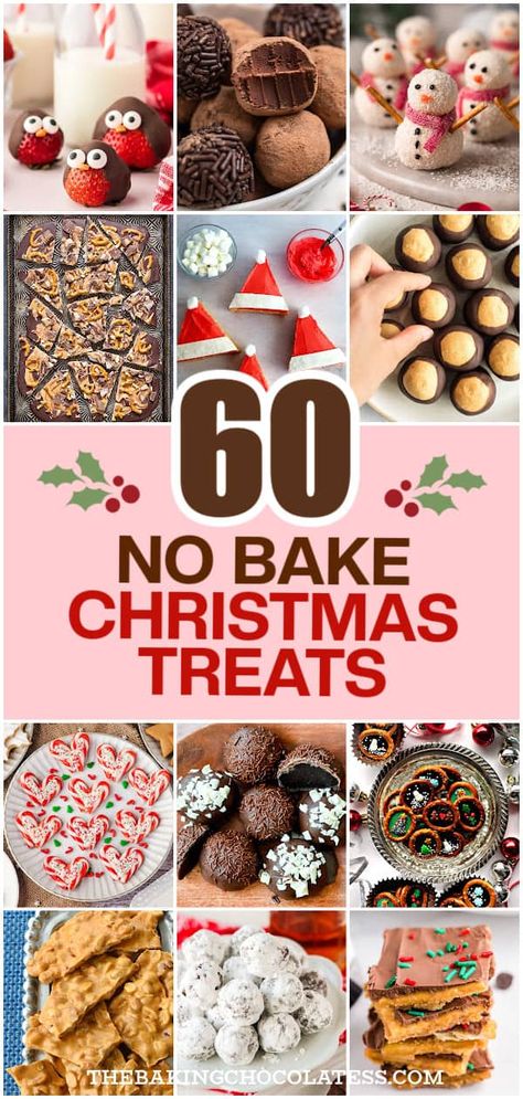 60 Easy No Bake Christmas Treats No Bake Christmas Treats, No Bake Christmas, Holiday Treats Recipes, Christmas Candy Easy, Easy Christmas Candy Recipes, Christmas Cookie Recipes Holiday, Peppermint Recipes, Christmas Baking Cookies, Christmas Sweet Treats