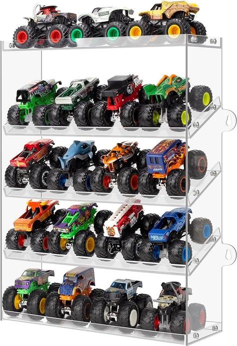 Amazon.com: Assembly Monster Jam Trucks Display Case Holding for 20 Monster Trucks Acrylic Storage Case 5 Tiers Monster Trucks Organizer with Tilted Design, All-around Display Case of Toy Trucks (5 Tiers) : Toys & Games Toy Trucks Storage, Toy Car Organization Ideas, Boys Vehicle Bedroom Ideas, Monster Truck Toy Storage Ideas, Monster Truck Playroom, Monster Truck Bedroom Decor, Hot Wheels Monster Truck Storage, Monster Truck Wall Storage, Monster Truck Room Ideas