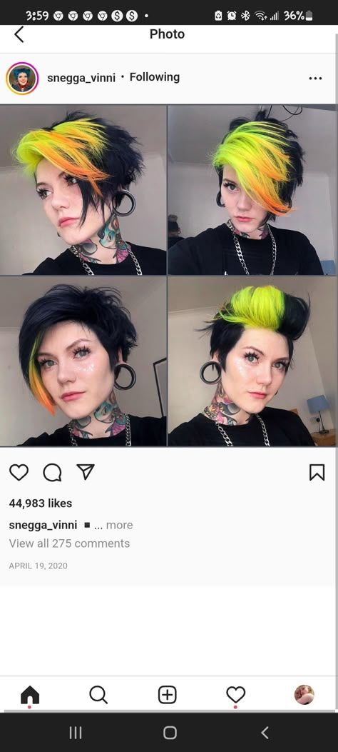 Short Colorful Hairstyles, Short Hair Split Color, Vibrant Short Hair Color, Two Color Pixie Hair, Pixie Haircut Colour Ideas, Split Dyes For Short Hair, Dyed Hair Streaks Short Hair, Mohawk Color Ideas For Women, Color Block On Short Hair