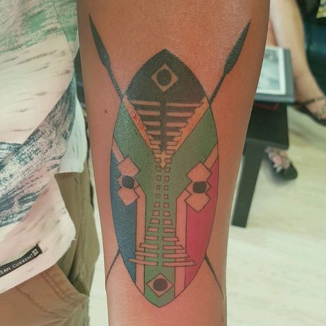 South African Tattoo, Zulu Tattoo, Zulu Shield, African Spear, Shield Tattoo, Africa Tattoos, Zulu Warrior, Full Moon Tattoo, South African Flag