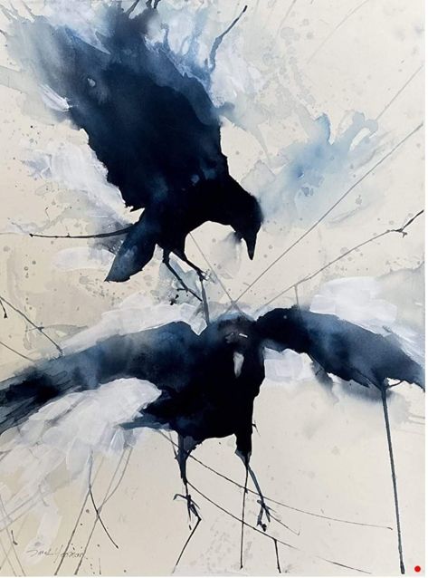 Unusual Perspective, Crow Painting, Black Birds, Raven Art, Abstract Watercolor Art, Sumi E, Watercolor Bird, Watercolor Animals, Watercolor Artist