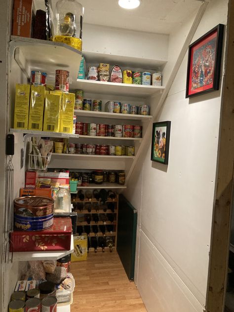 Downstairs Pantry Ideas, Storeroom Under Staircase, Kitchen Pantry Under Staircase, Understairs Larder Cupboard, Pantry Cupboard Under Stairs, Split Level Under Stairs Storage, Under Stairwell Pantry, Understair Pantry Organization, Under The Stairs Pantry Organization