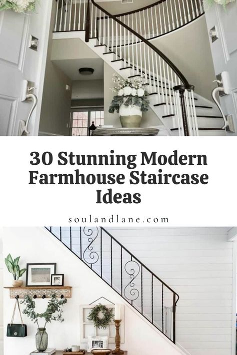 Elevate your home with stunning modern farmhouse staircase ideas that perfectly blend rustic charm with contemporary elegance. Discover staircases that become focal points in their own right, featuring clean lines, natural wood finishes, and industrial metal accents. Learn how to incorporate elements like shiplap walls, wrought iron balusters, and reclaimed wood steps to create a look thats both timeless and on-trend. Transform your staircase into a striking design statement that welcomes guest White Stairs Black Metal Railing, Renovate Staircase, Rustic Staircase Farmhouse Style, Open Staircase Ideas, Cape Cod House Interior, Modern Farmhouse Staircase, Iron Stair Balusters, Farmhouse Staircase, Stair Walls