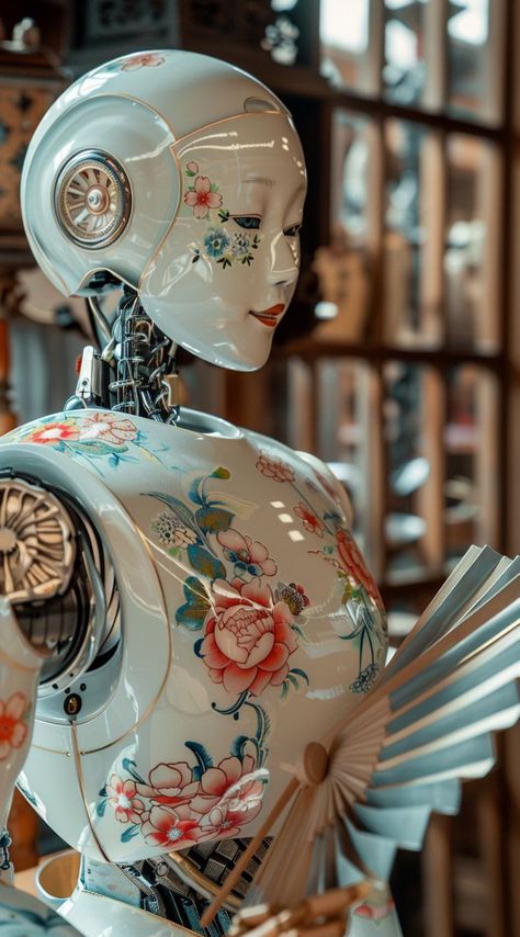 Prompt 👉Japanese porcelain robot with a traditional fan in hand, made in light colors with traditional floral patterns, close-up. The setting is an ornate museum hall filled with various mechanical sculptures and vintage electronic equipment. The mood should be mysterious yet elegant, reflecting the essence of futuristic craftsmanship and historical beauty in the style of photography. 👉 if Like, please Follow and Share AI Graphics Studio 👇Contact on WhatsAPP: http://tiny.cc/aigraphicsstudio ... Porcelain Robot, Porcelain Aesthetic, Be Mysterious, Night Cafe, Different Planets, Japanese Robot, Draw Together, Robot Sculpture, Robot Art