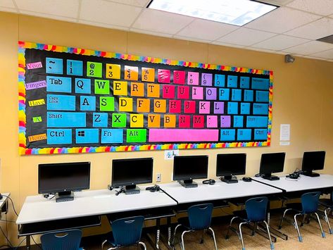 Giant keyboards can add a statement to any lab. The best part is that you can create a giant keyboard based on the colors and design in your classroom. Great for a quick reference for students as well as visually appealing classroom decor. Comment KEYBOARD to get the link sent your way! . . #techteacher #iteachtech #iteachtoo #edutech #technologyintheclassroom #teachingwithtechnology #edtech #steameducation #technologyteacher #techyteacher #edtechchat #classroomdecor #classroomorganiza... Ict Room Designs, Computer Lab Board Decoration, Computer Lab Chart Ideas, Computer Class Decoration Ideas, Computer Chart Ideas, Design For Classroom, Ict Lab Decorations, Computer Classroom Decor Ideas, Tech Decor