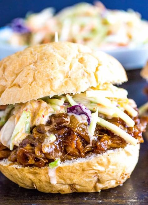 Asian Bbq Pork, Asian Bbq Sauce, Kimchi Slaw, Slow Cooker Asian, Asian Bbq, Sweet Dinner Rolls, Pulled Pork Sliders, Pork Sliders, Pork Sandwich