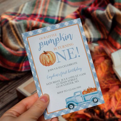 $2.98 | Little Pumpkin Pastel Blue truck first birthday #our little pumpkin, fall, pumpkins, blue plaid, boy, first birthday, pastel, light blue, plaid, blue truck Fall First Birthday, Pastel Light Blue, Pumpkin 1st Birthdays, Pumpkin First Birthday, Pumpkin Birthday, Baby Boy First Birthday, 1st Birthday Themes, Blue Truck, First Birthday Party Themes