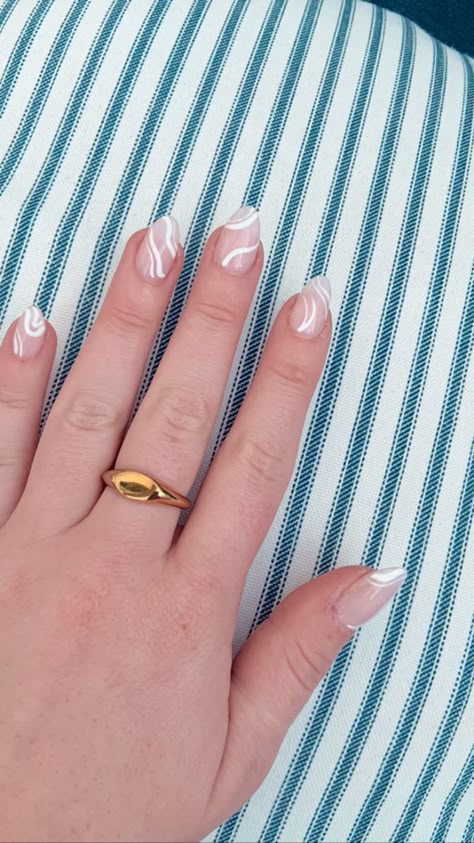 Swirly White French Tip Nails, White Swirly Nails Almond, Square White Swirl Nails, Neutral Nails With Swirls, White Nails With Squiggly Lines, White French Tip Nails With Swirls, White Nails Lines, White Nails Swirl Design, White Nail Patterns