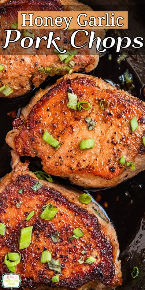 These sweet and savory Honey Garlic Pork Chops are a quick and easy meal for any day of the week. #porkchops #honeygarlicpork #porkrecipes #easyrecipes #dinner via @melissasssk Crunchy Honey Garlic Pork Chops, Pork Honey Garlic, Honey Glaze Pork Chops, Oven Pork Chops And Rice, Pork Sirloin Chops Recipes Boneless, Garlic Parm Pork Chops, How To Make Pork Chops, Whole 30 Pork Chops, Pork Chop Breakfast