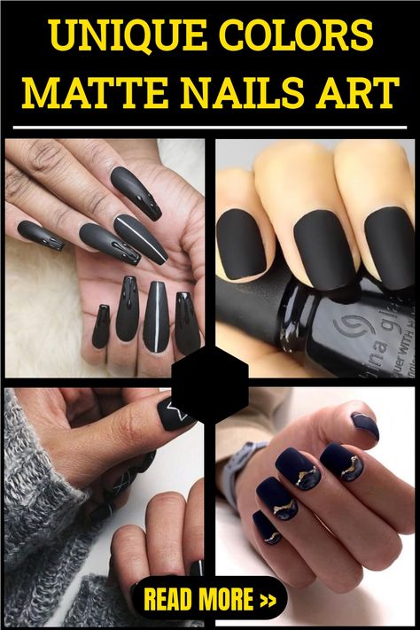 UNIQUE COLORS MATTE NAILS ART Nails Acrylic Matte Black, Nail Art Matte And Glossy, Neutral Matte Nail Designs, Mat Black Nails Design, Black Matte French Nails, Matte Vs Glossy Nails, Matte Nails Design Ideas Classy, Almond Nail Matte, Matt Black Nail Designs