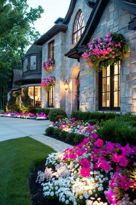 Dream Garden Backyards, Porch Exterior, Home Flower Decor, House Lights, Harrison Design, Stone Exterior, Outdoor Space Design, Sweet Flowers, Flower Bed Ideas