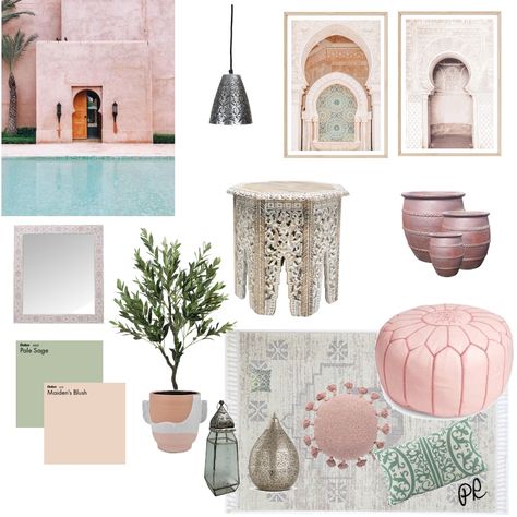 Moroccan Sage & Blush Moroccan Interiors Modern, Blush Interior Design, Moroccan Mood Board, Moroccan Home Design, Blush Interior, Modern Moroccan Decor, Moroccan Fountain, Ambience Decor, Moroccan Luxury