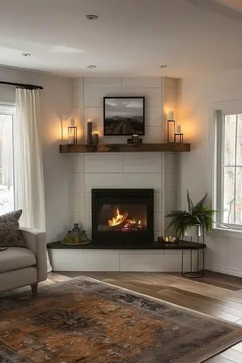 40 Corner Fireplace Ideas To Enhance Your Homes Cozy Corners Fireplaces For Small Living Rooms, Corner Diy Fireplace, Faux Fireplace Corner, Electric Corner Fireplace Ideas, Corner Electric Fireplace Ideas With Tv, Interior Fireplace Ideas, Corner Fireplace Mantle, Corner Fireplace Diy, Corner Gas Fireplace Ideas