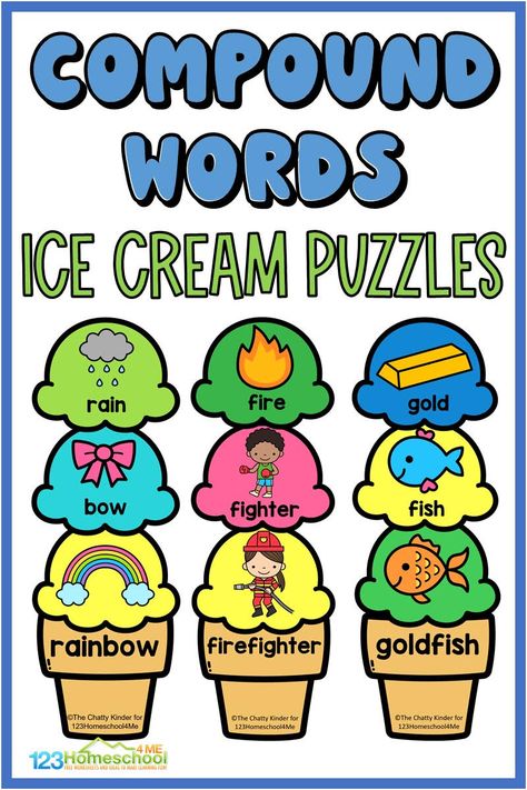 Looking for a fun way to practice compound words for kids? This ice-cream compound word puzzles is a free printable building activity. Use this compound words activity as a fun and hands-on method of practicing and learning with compound word picture puzzles while building a lovely ice-cream. This compound words game is a great summer learning activity for your pre-k, kindergarten, or first graders. Simply print this free Compound Word exercises and let your learner practice learning their compo Kindergarten Compound Words, Compound Words Preschool Free Printable, Compound Word Activities Preschool, Compound Words Preschool, Free Compound Words Activities, Compound Words Activities Preschool, Compound Words With Pictures, Grade 1 English Activities, Compound Word Games