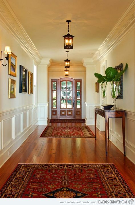 16 Ways to Light Your Home’s Foyer Entrance Lobby Design, Lobby Designs, Traditional Foyer, Heart Pine Flooring, Hallway Designs, Hallway Design, Vintage Pendant Lighting, Casas Coloniales, Foyer Decorating