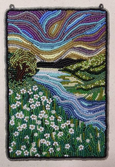 Daisy stream 4" x 6"  My handmade, of a kind beaded art pictures are hand sewn using new, reclaimed and/or antique glass and metallic seed beads. Many hours of work go into each piece. They are signed and dated on the  sturdy faux leather backing and have 2 small loops at the top for hanging on their own, the loops can be easily removed for framing. Seed Bead Painting, Beaded Embroidery Inspiration, Glass Seed Bead Crafts, Bead Embroidery Art, Seed Bead Wall Art, Seed Bead Mosaic Art, Beaded Canvas Painting, 3d Seed Bead Art, Beaded Landscape