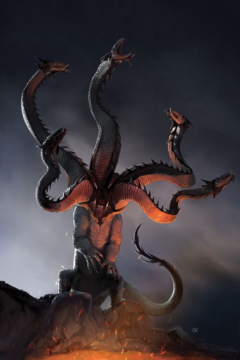 Hydra, Chris Waller on ArtStation at https://www.artstation.com/artwork/arLVJ False Hydra Dnd Art, Hydra Monster Art, Hydra Humanoid, False Hydra Art, False Hydra, Hydra Art, Hydra Monster, Monsters Mythology, Hydra Dragon