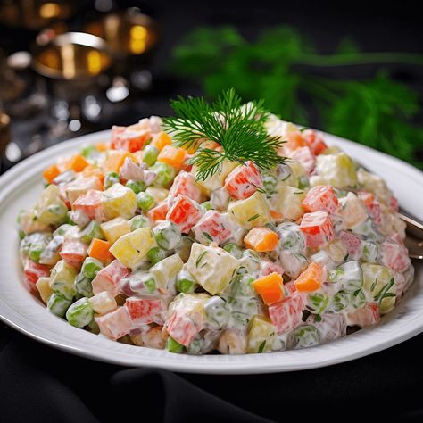 Delicious Russian Salad Recipe (A Classic Vibrant Dish) - Soup Chick Russian Meals, Exam Photo, Plant Based Salads, Seafood Pasta Salad Recipe, Russian Salad Recipe, Olivier Salad, Ibs Friendly Food, Russian Salad, Seafood Salad Pasta