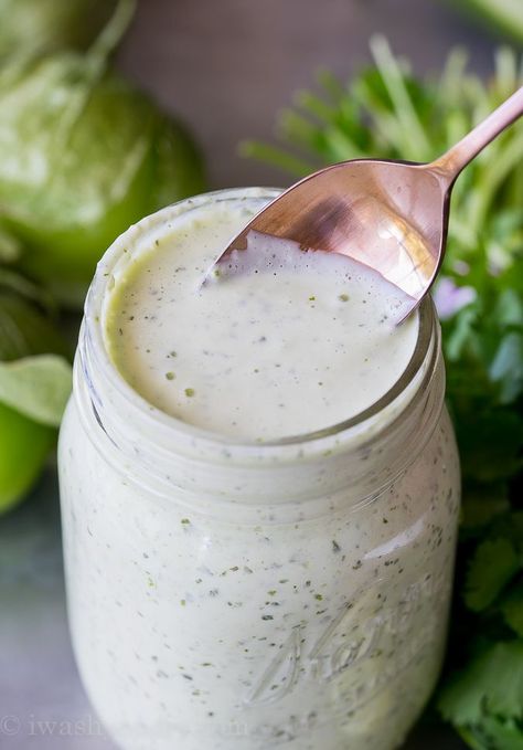 Tomatillo Ranch Dressing, Cafe Rio Dressing, Tomatillo Ranch, Avocado Egg Rolls, Parmesan Roasted Cauliflower, Cafe Rio, Honey Bbq Sauce, Veggie Dip, Salad Dressings