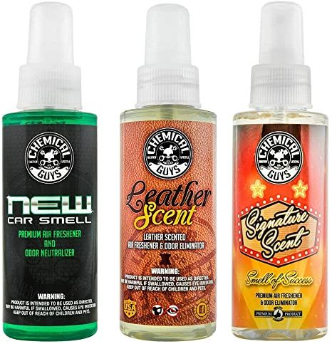 Amazon.com: Chemical Guys AIR_301_04 New Car/Leather/Stripper Scent Sample Kit (4 oz) (3 Items) : Automotive Best Car Air Freshener, Leather Scent, Air Spray, New Car Smell, Chemical Guys, Car Smell, Odor Eliminator, Car Freshener, Car Air Freshener