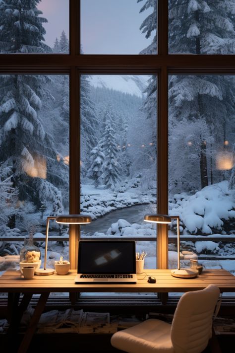 Christmas home office design, snow outside and overlooking stream Men Workspace, Office Room Minimalist, Office Inspiration Modern, Workspace Minimalist, Office Ideas Modern, Design Office Ideas, Mountain Office, Minimalist Office Design, Modern Minimalist Office