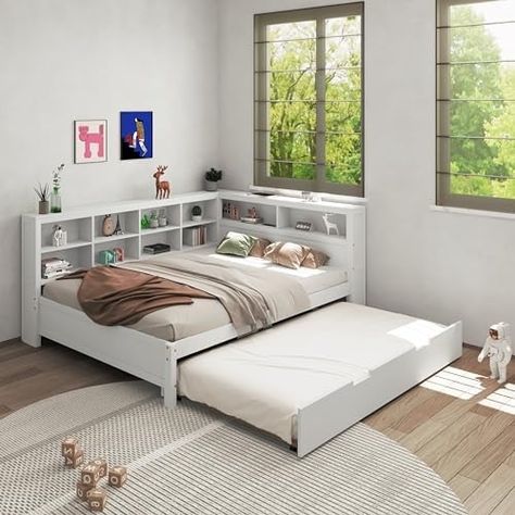 Amazon.com: DEINPPA Full Size Platform Bed with L-Shaped Bookcase and Trundle, Wooden Captain Bed Frame with Bookcase Headboard for Kids Teens Boys Girls, No Box Spring Needed-White : Everything Else Captain Bed, Captains Bed, Full Size Platform Bed, Bookcase Headboard, Trundle Bed, Furniture Finishes, Teen Boy, Box Spring, Bedding Collections