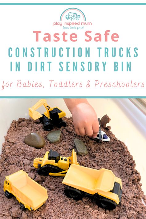 Construction truck toys in taste safe dirt with pebbles and river stones Trucks Sensory Bin, Construction Zone Sensory Bin, Sensory Bin Dirt, Truck Sensory Play, Car Themed Sensory Bin, Rainy Day Sensory Bin, Construction Theme Sensory Bin, Community Sensory Bin, Construction Site Sensory Bin