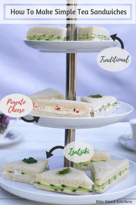 Fun finger sandwiches for a brunch, baby shower or bridal shower party. Easy and simple presentation. How to display and how to cut your cucumber sandwiches. #fingerfood #teasandwich #teaparty #fancy #brunch English Cucumber Sandwiches High Tea, Easy Bridal Shower Food, Bridal Shower Food Ideas Lunch, Bridal Shower Snacks, English Tea Sandwiches, Bridal Shower Appetizers, Shower Appetizers, Tea Party Desserts, Tea Party Sandwiches