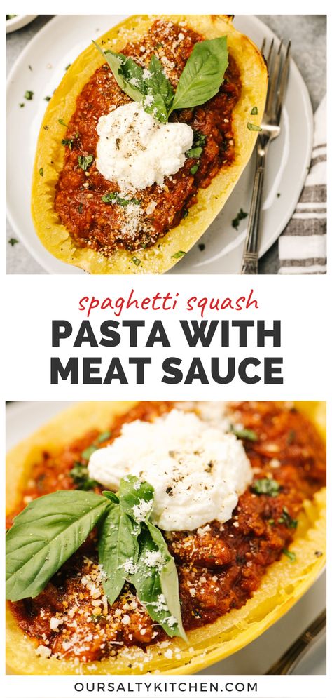 With all the makings of a classic pasta dinner, Spaghetti Squash Spaghetti is super satisfying without the carb overload. Roasted spaghetti squash noodles are the perfect Whole30 pasta substitute when you're going grain free or minding your carb intake. Our italian meat sauce is sugar free and super easy. Put the two together for a super healthy keto pasta recipe that will leave you wanting for nothing (except maybe another serving!). This dinner is whole30, paleo, low carb, and keto! Spaghetti Squash With Marinara Sauce, Whole 30 Spaghetti Squash, Low Calorie Spaghetti, Best Spaghetti Squash Recipes, Squash Pasta Recipe, Spaghetti Squash Pasta, Spaghetti Squash Recipes Easy, Italian Meat Sauce, Pasta Substitute