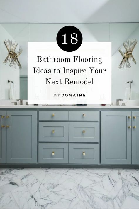 One of favorite spaces to redesign is the bathroom as their smaller square footage gives us a chance to really experiment with color and texture. Ahead, we share 18 bathroom flooring ideas to inspire you for your next remodel. Coordinating Bathroom Floor And Shower Tile, Bathroom Remodel Tile Floor, Large Tile Bathroom Floor, Bathroom Floor Inspiration, Porceline Tile Floor, Bathroom Remodel Flooring, Bathroom Floor Remodel, Small Bathroom Flooring, Small Bathroom Flooring Ideas