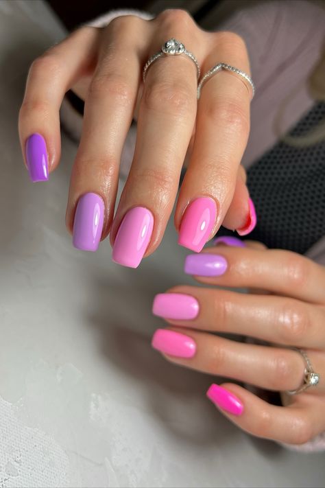 Gradient Purple Nails Pink And Purple Nails Simple, Pink And Purple Manicure, Different Color Purple Nails, Pink And Purple French Tip Nails, Pink And Purple Acrylic Nails, Hot Pink And Purple Nails, Pink And Purple Nails Designs, Nails Purple French, Purple Pink Nails