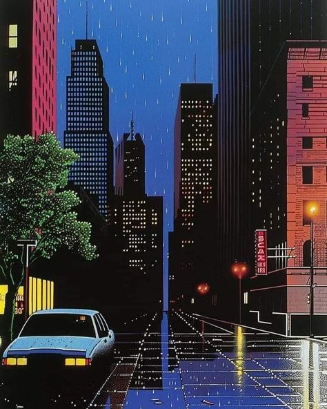 Urban Night Aesthetic, New Wave Wallpaper, 80s Painting Ideas, 90s City Aesthetic, Retro City Aesthetic, Comics Aethstetic, 80s Aesthetic Paintings, Colorful City, 90s Art Style