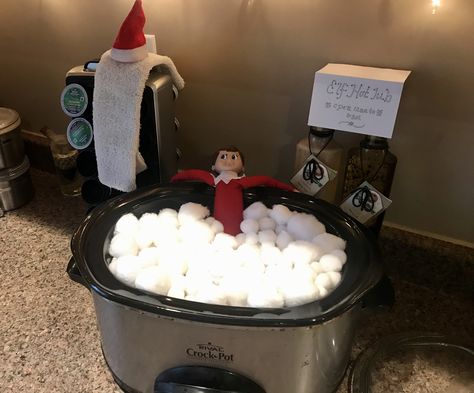 What better way to keep warm than to spend a quiet evening in the hot tub!🎄 #Zach2019 #open12amto6am Elf Stuck In Tv, Elf Hot Tub, Elf On Shelf Bathtub, Elf Bathtub, Elf Movie Mug, Keep Warm, Hot Tub, Elf On The Shelf, Ice Cream