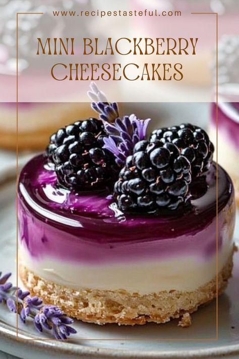 These Mini Blackberry Cheesecakes with Lavender and Berry Glaze are the perfect bite-sized desserts, combining rich and creamy cheesecake with a fruity blackberry glaze and a hint of floral lavender. Ideal for any occasion, they are as beautiful as they are delicious. Blackberry Glaze, Lavender Cheesecake, Berry Glaze, Edible Lavender, Blackberry Lavender, Blackberry Dessert, Blackberry Cheesecake, Blackberry Cake, Simple Delicious Recipes