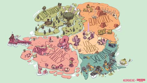 ArtStation - Art of OlliOlli World 2/12 - Welcome to Radlandia! (Game map and introduction's illustrations), Germán Reina Carmona Map Art Illustration, New Art Style, Magical Love, Game Map, Map Games, World Map Design, Imaginary Maps, Fantasy World Map, Rpg Map