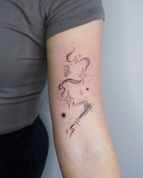 Tattoo • Instagram Will O Wisp Tattoo, Fairy Aesthetic Tattoo Designs, Just Like Magic Tattoo, Wicked Inspired Tattoos, Wicked Tattoo Designs, For Good Tattoo Wicked, Wicked Tattoos Musical, Wicked Tattoo Ideas, Magic Wand Tattoo