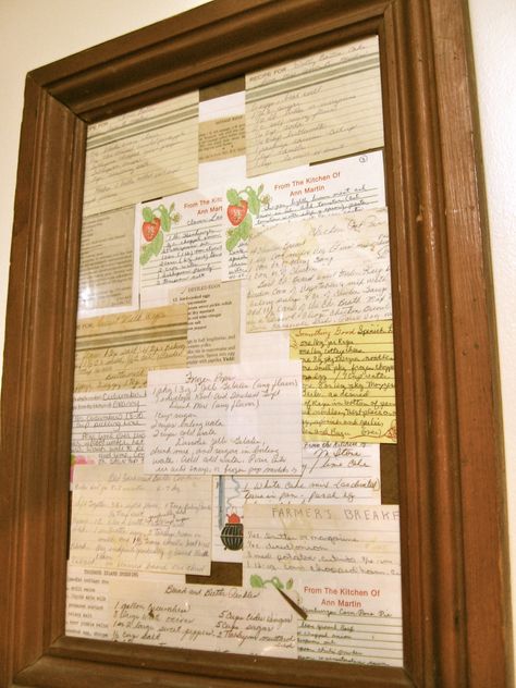 I made this collage out of some of the handwritten recipes from each woman in my family. Frame Old Recipes, Family History Wall, Old Recipe Display Ideas, Recipe Display Ideas, Old Wood Kitchen, Recipe Display, Framed Recipes, Crafts For Teens To Make, Shadow Box Ideas