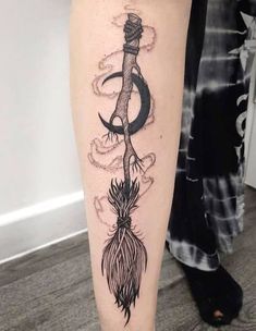 Witch Broom Cat Tattoo, Black Cat On Broom Tattoo, Witch Cat Tattoo Ideas, Witch On Broomstick Tattoo, Cat On A Broom Tattoo, Black Cat Witch Tattoo, Black Kitten Tattoo, Magic Cat Tattoo, Cute Witch Tattoo