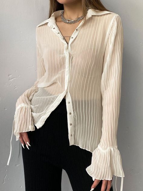 Sheer Shirt Outfits, Long Sleeve Top Outfit, Y2k Long Sleeve, Ruffle Bell Sleeve, Strawberry Pie, Sheer Long Sleeve, Harajuku Streetwear, Sheer Shirt, Pleated Blouse