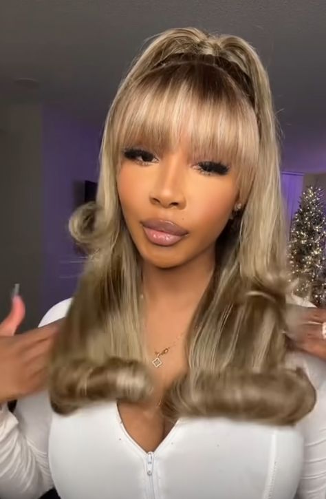 Blonde Wig Bangs, Chinese Bang Hairstyles Black Women, Half Up Half Down Hair Black Women Bang, Half Up Half Down With Two Bangs, Bang Half Up Half Down, Bangs Half Up Half Down, Baddie Hairstyles With Bangs, Bangs Wig Black Women, Half Up Half Down Hairstyles With Bangs