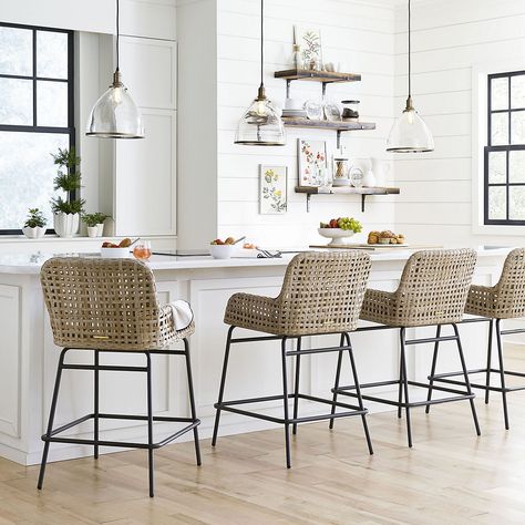 Bailey Woven Stools | Ballard Designs Coastal Barstool, Wicker Bar Stools, Island Stools, Bar Stools Kitchen Island, Counter Chairs, House Kitchen, Kitchen Stools, Kitchen Bar Stools, Ballard Designs