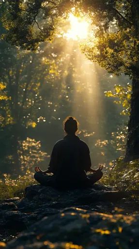 ↑↑↑ Larger size on website 🔸 A person sits in a meditative pose on a rocky outcropping in the forest. Sunlight streams through th Yoga In The Forest, Spiritual Growth Aesthetic, Meditation Photoshoot, Meditating Aesthetic, Grounding Aesthetic, Mountain Meditation, Peaceful Person, Person Meditating, Forest Meditation