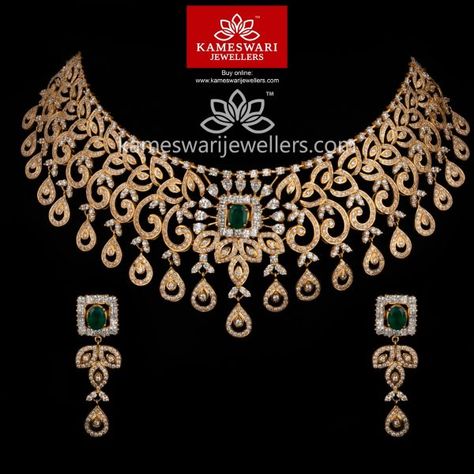 Kameshwari Jewellery, Swarovski Choker, Exquisite Diamond Necklace, 22k Gold Jewelry Necklaces, Kameswari Jewellers, Antique Gold Necklace, 22 Carat Gold Jewellery, 1 Gram Gold Jewellery, Choker Designs