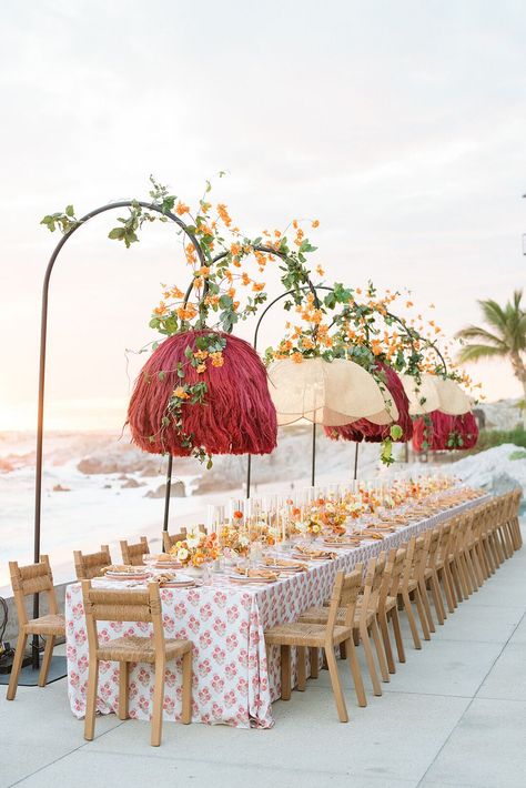 Colored Chandeliers, Pastel Centerpieces, Welcome Table Wedding, Chandelier Centerpiece, Hotel Balcony, Table Spread, Beach Club Wedding, Welcome Dinner, Wedding Design Inspiration