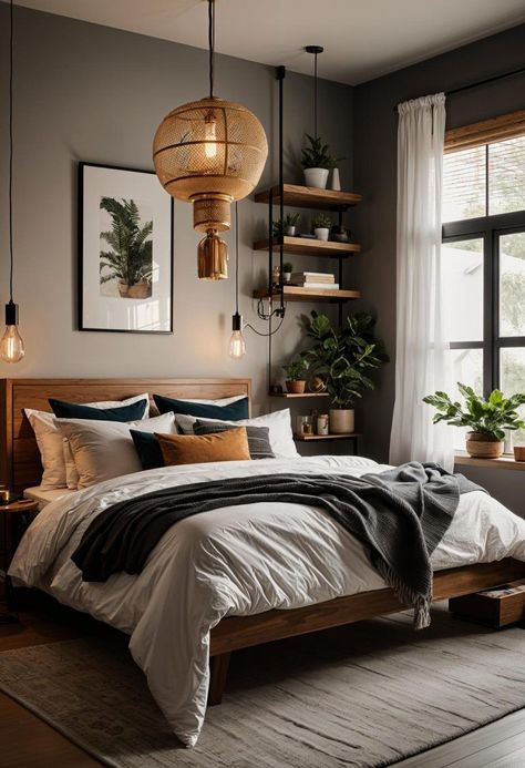 Urban Modern Bedroom Ideas, Colorful Bohemian Bedroom Decor, Industrial Boho Bedroom, Bedroom For Teenage Girl, Colorful Bohemian Bedroom, Black Boho Bedroom, Lighting Bedroom Ideas, Wood Bedroom Ideas, Modern Bedroom Aesthetic