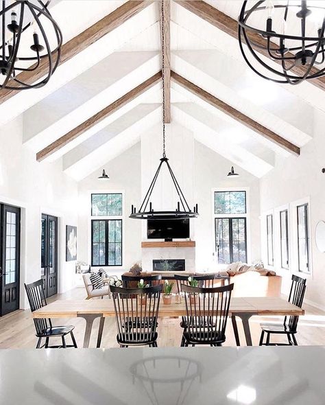 White, Black, and wood tones are our favorite. Classic, not fussy, modern farmhouse at its best. If you could have one thing in this room,… Farmhouse Fireplace, Build Your Own House, Wood Beams, Fireplace Design, Living Room Grey, Vaulted Ceiling, Home Fashion, Open Concept, Living Room Inspiration