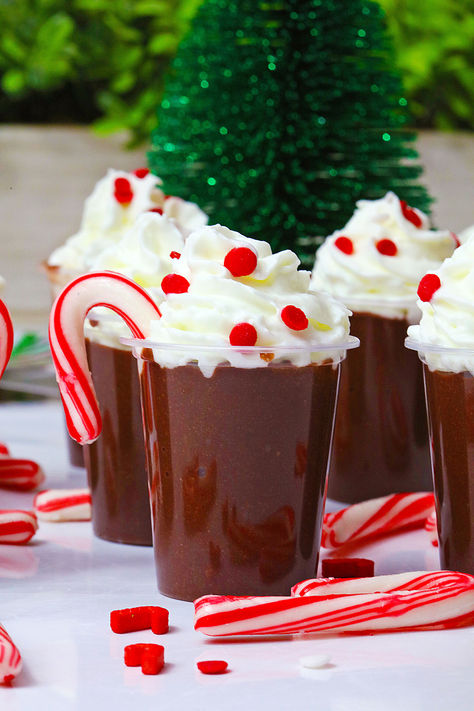 Chocolate Peppermint Pudding Shots Chocolate Peppermint Pudding Shots, Chocolate Pudding Shots, Pudding Shot Recipes, Chocolate Shots, York Peppermint Patty, Pudding Shots, Easy Christmas Treats, Chocolate World, Elegant Desserts