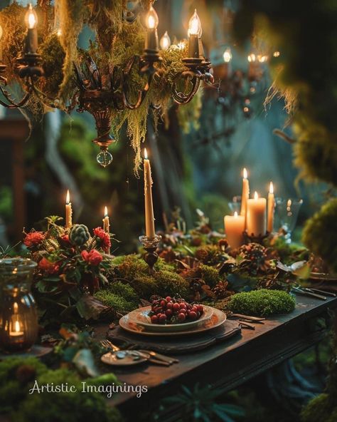 Moody Christmas Dining Room, Dark Garden Party Aesthetic, Dark Christmas Tablescape, Secret Garden Dinner Party, Secret Garden Tablescape, Moss Mantle Decor, Woodland Halloween Decor, Enchanted Christmas Forest, Woodland Dining Room