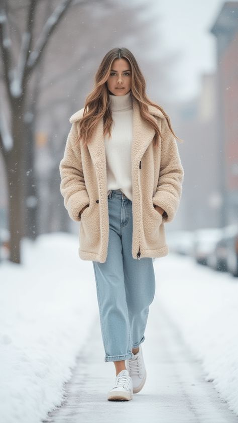 Woman in sherpa jacket and mom jeans outfit Fuzzy Jean Jacket Outfits, White Teddy Jacket Outfit, White Sherpa Jacket Outfit, Outfits For February, Teddy Jacket Outfit, Winter Midi Skirt Outfit, Winter Midi Skirt, Cashmere Lounge Set, Midi Skirt Outfit Ideas